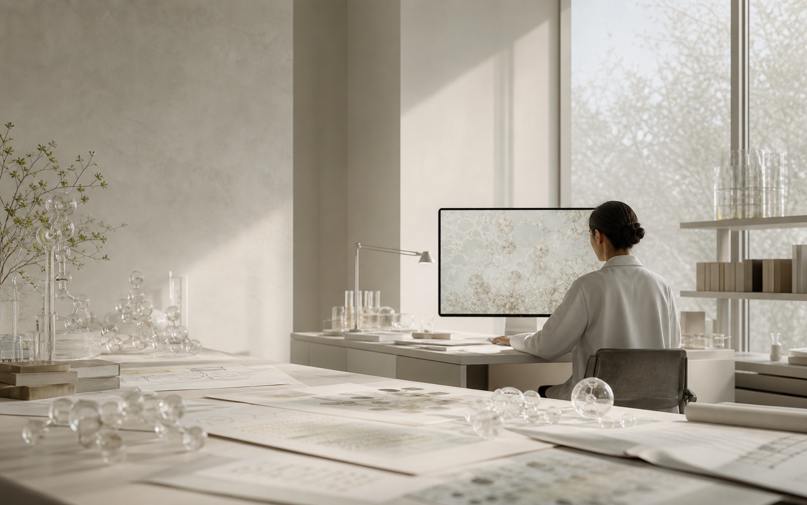 A quiet AI biology research room with molecular models and pale research materials