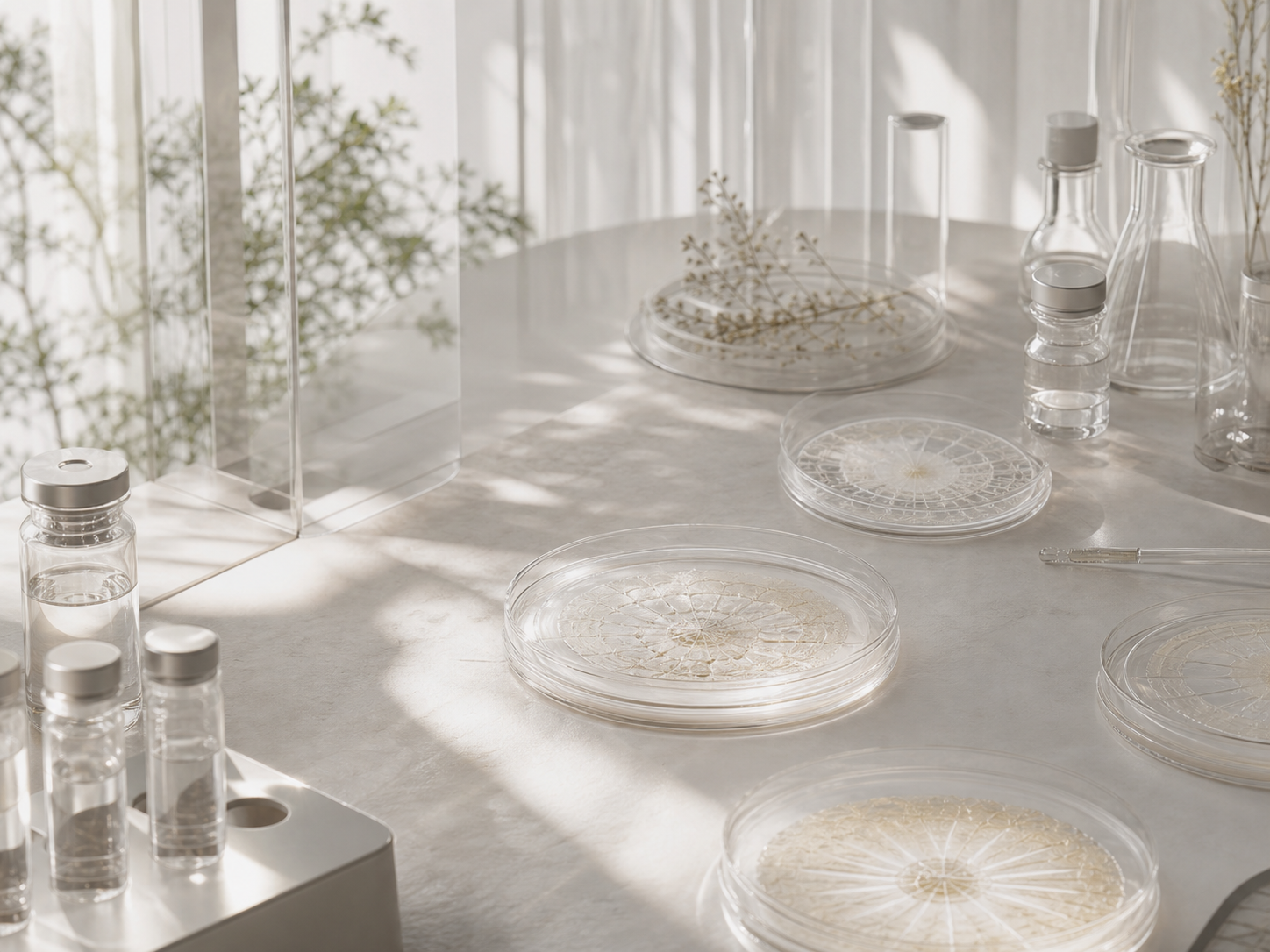 A pale laboratory still life with glass vials and biological assay plates
