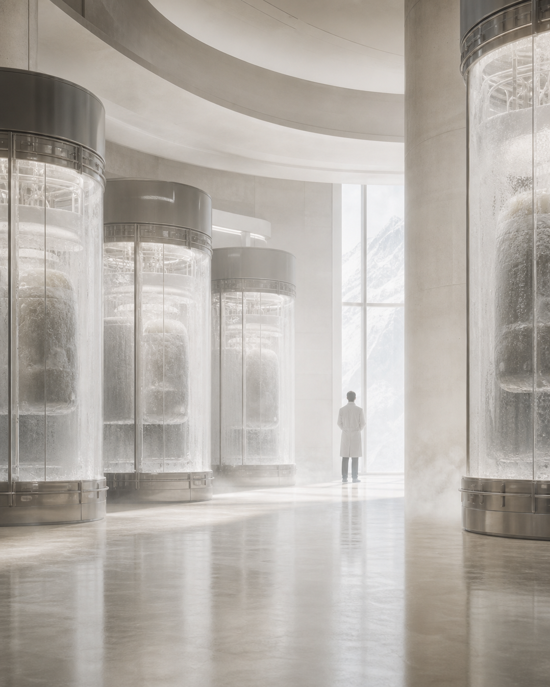 A bright cryopreservation archive with frosted glass preservation cylinders